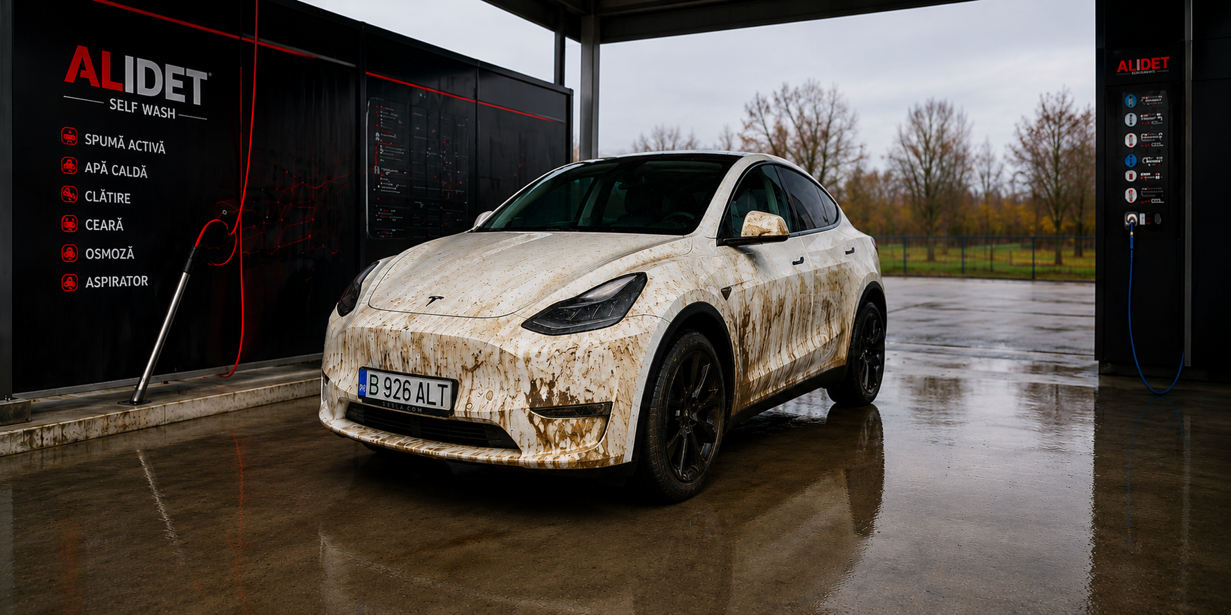 Mașină Tesla murdară înainte de spălare
